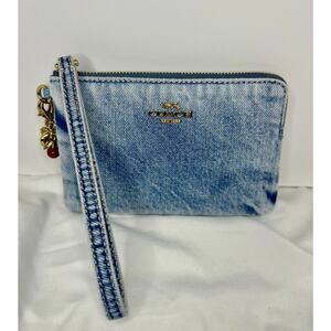NWT Coach Loved Denim Wristlet Blue Signature Cherry Charm Corner Zip CEF82